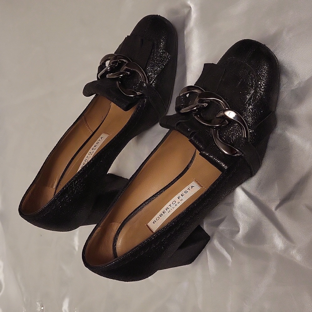 Roberto Festa Milano Black Leather Chain Pumps Size 6